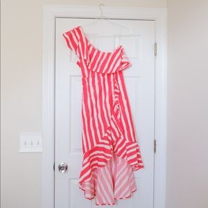 One-Shoulder Coral and White Striped Dress